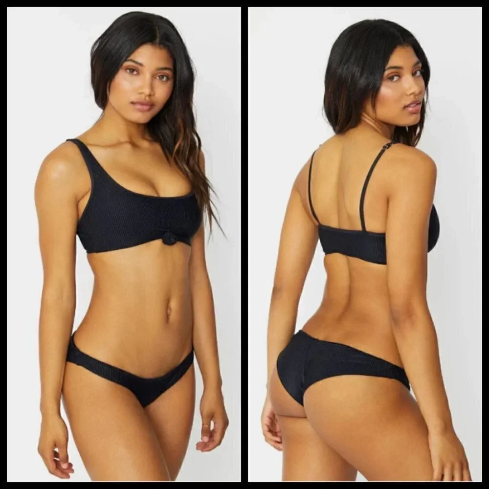 💕FRANKIE'S BIKINIS💕 Greer Ribbed Cheeky Bikini Bottom Black XL NWT